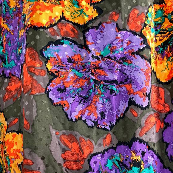 Vintage Silk Floral Blouse, 1980s Corporate Bohemian Flower Print Top Sz XL - Picture 9 of 13